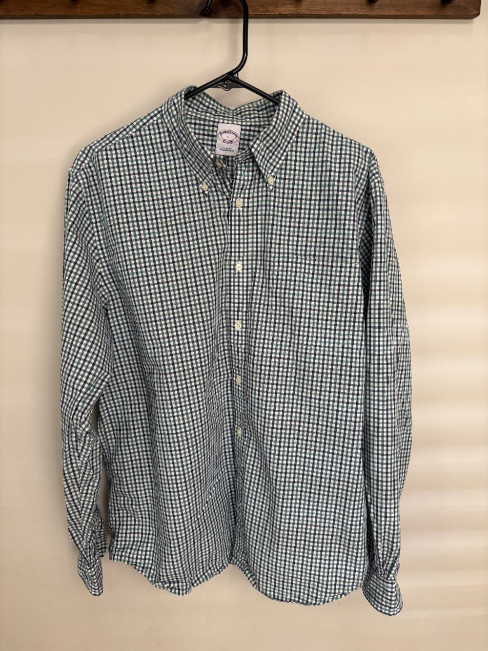 Brooks Brothers Gingham Check Button Down Shirt Men's L Green Navy Cotton